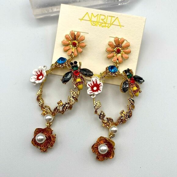 Amrita Singh Meadow Hoop Bee Floral Statement Earrings - Picture 5 of 6